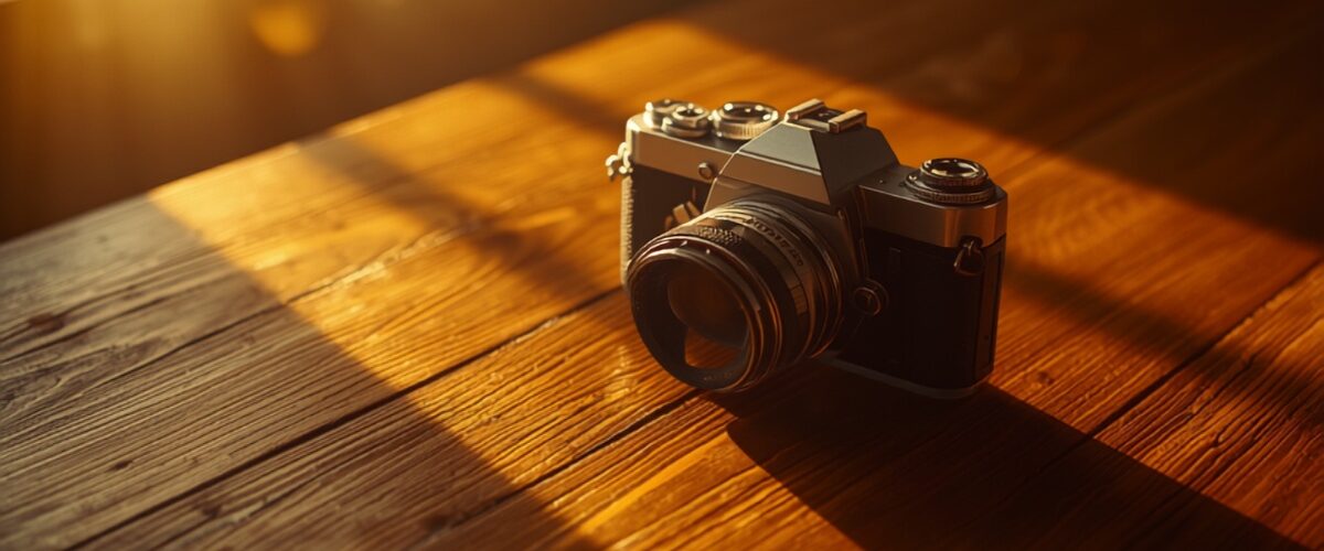 Appareil photo argentique posé sur du bois, baigné dans une lumière dorée de fin de journée