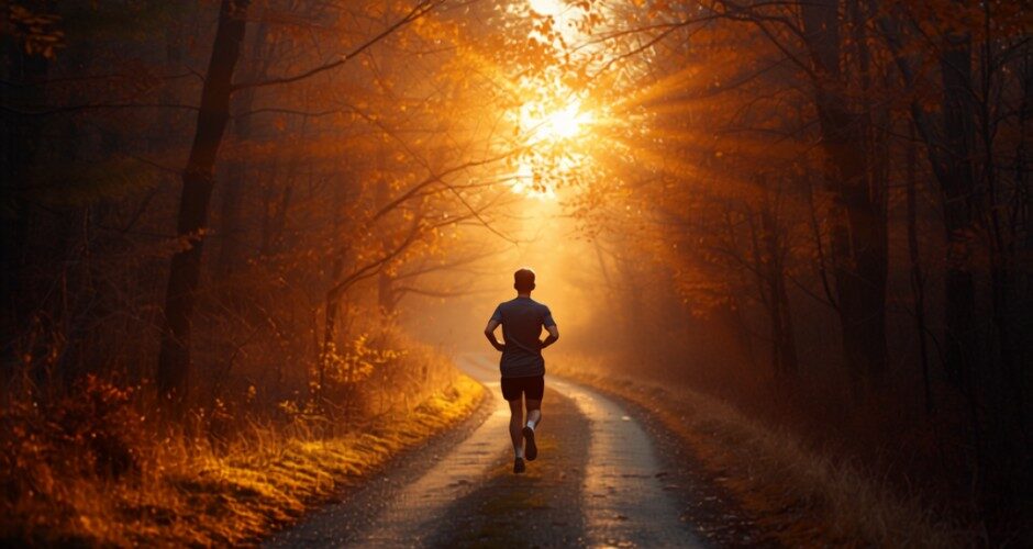 Coureur débutant progressant sur un sentier en forêt lors d'une séance de son plan d'entraînement running débutant