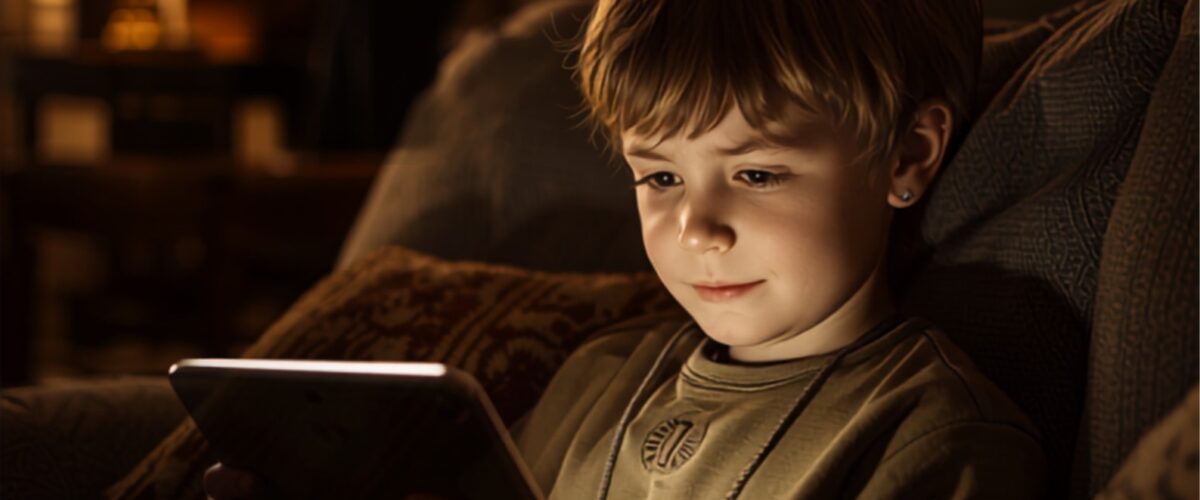 Enfant assis sur un canapé regardant une tablette dans un salon familial le soir, parent en arrière-plan