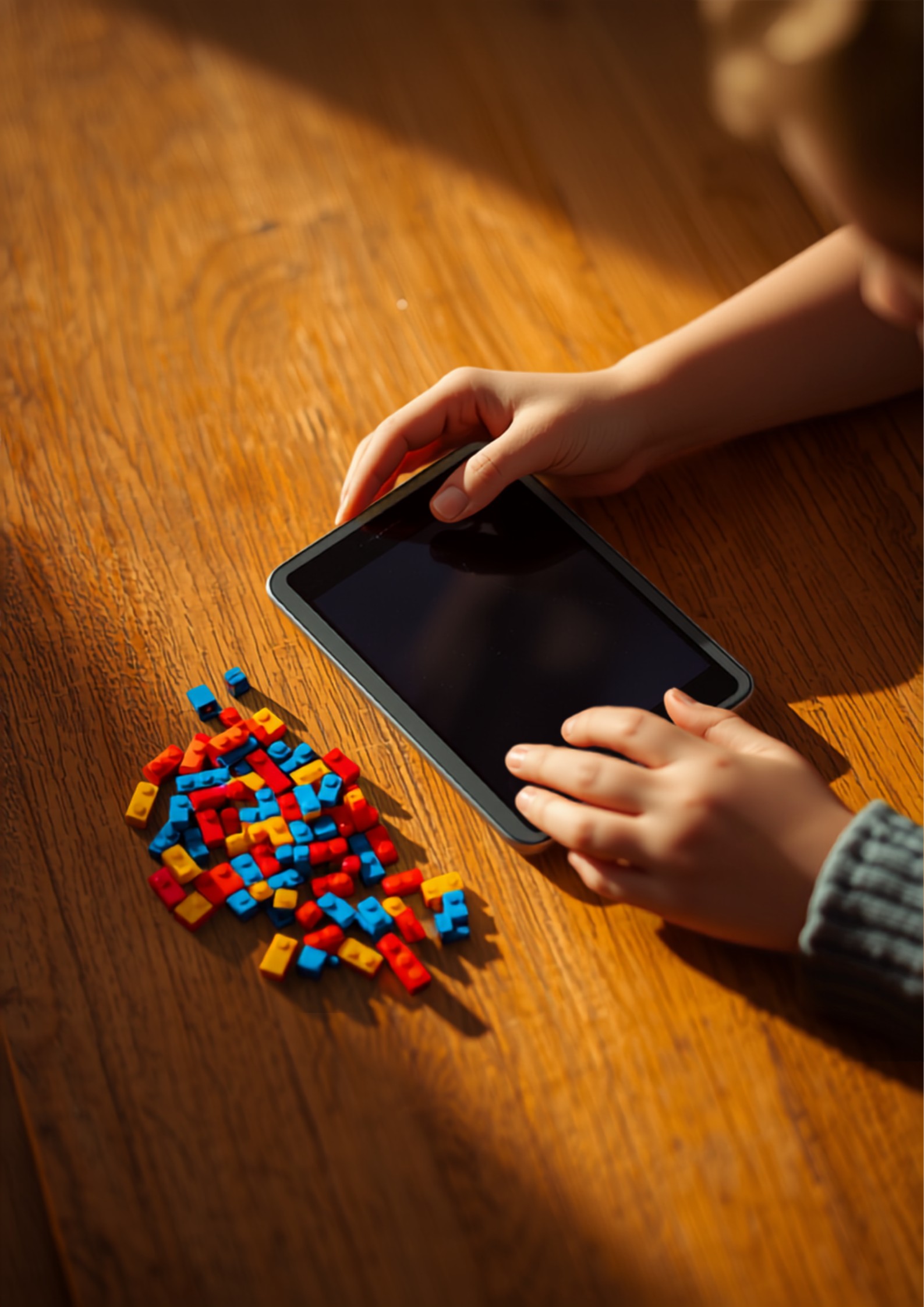 Mains d'enfant posant une tablette sur une table en bois avec des Legos à côté - temps d'écran et jeu créatif