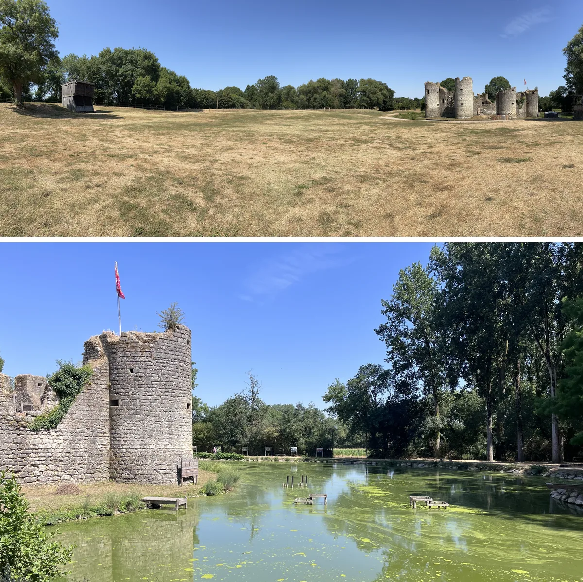 Château médiéval de Commequiers en vue panoramique et vue rapprochée depuis la douve