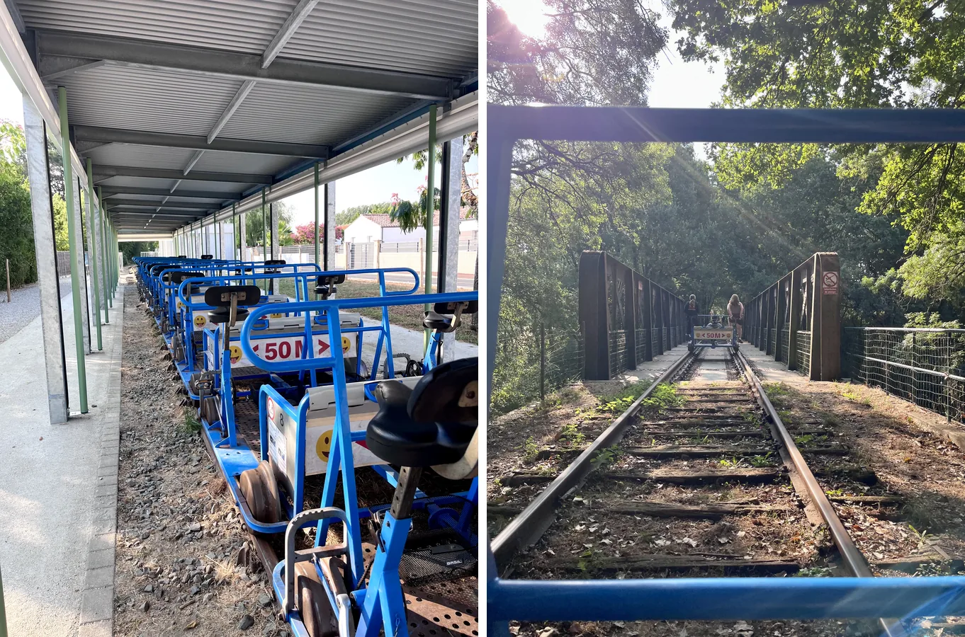 Vélorail de Commequiers, quai de départ et parcours sur le pont en forêt