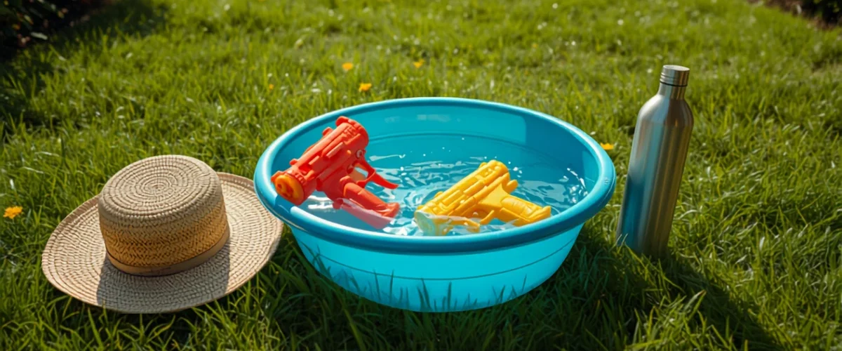 Jeux d'eau canicule enfant : bassine, pistolets à eau, chapeau de paille et gourde dans un jardin ensoleillé