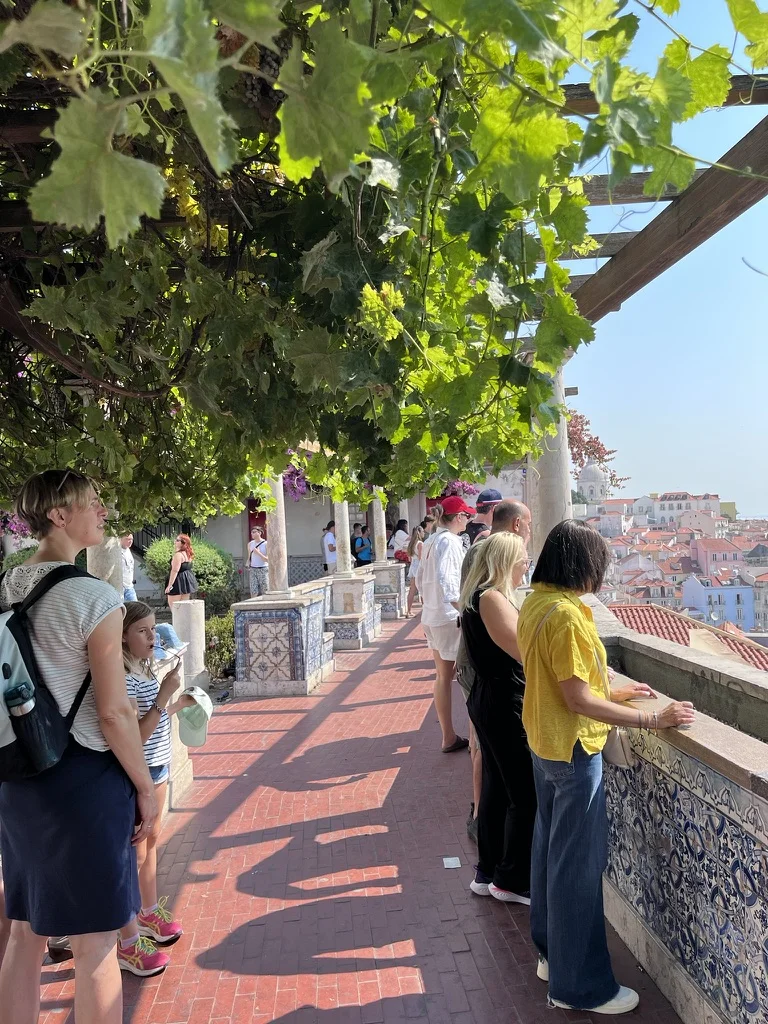 Famille sous la tonnelle du miradouro de Santa Luzia, avec vue sur les toits de l'Alfama à Lisbonne