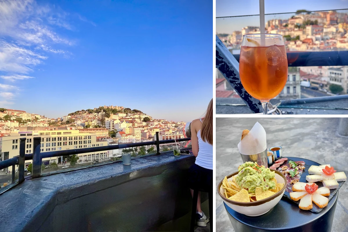 Montage photo depuis le rooftop TOPO Martim Moniz à Lisbonne : vue sur la ville, cocktail et planche apéritive