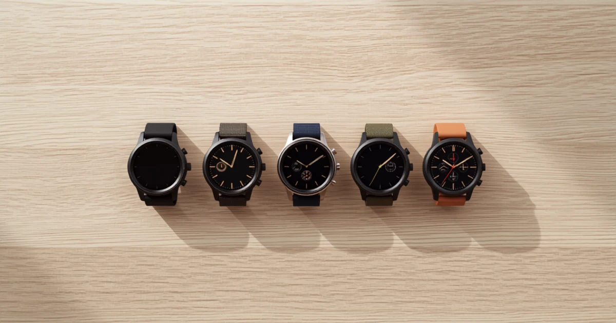Comparatif de cinq montres connectées différentes posées sur une table en bois