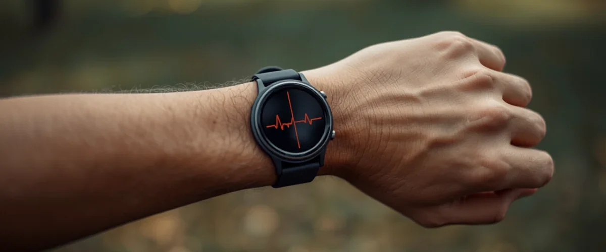 Avant-bras avec montre connectée running affichant la fréquence cardiaque pendant une course en extérieur