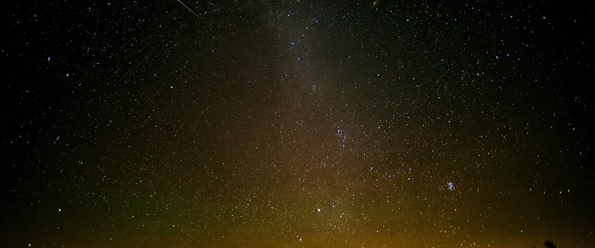 Ciel étoilé nocturne avec une étoile filante des Perséides, silhouette d'arbres à l'horizon