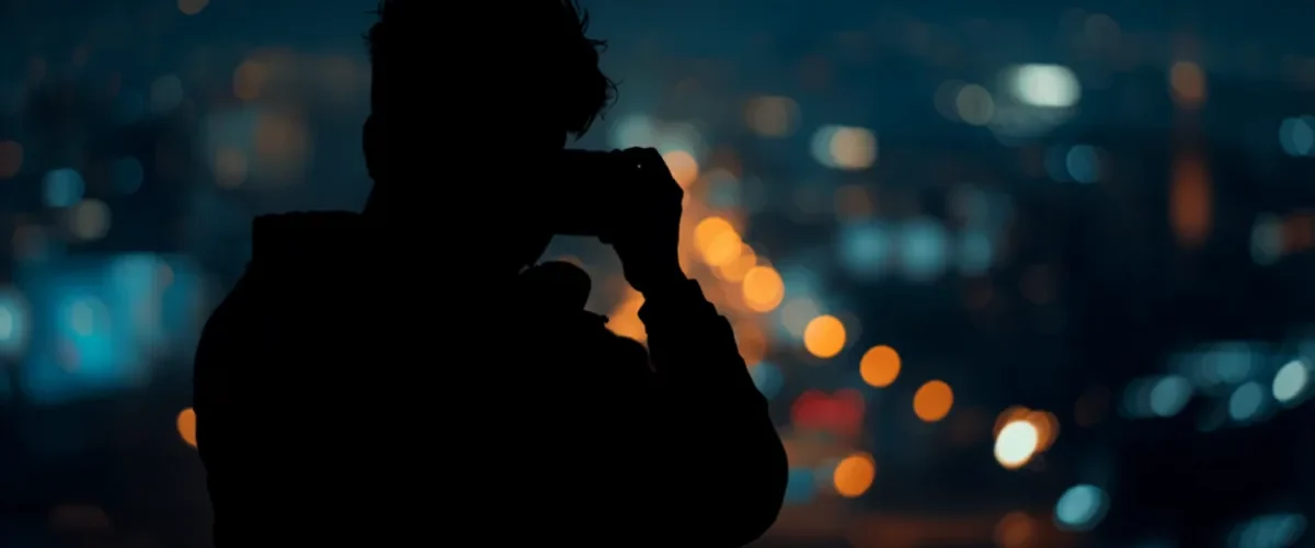 Photographe ajustant les réglages de son appareil pour une photo de nuit sans trépied en ville