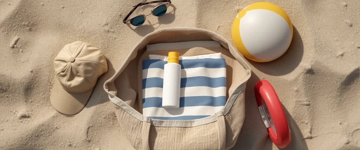 Sac de plage ouvert avec crème solaire, serviette rayée, casquette et ballon sur le sable