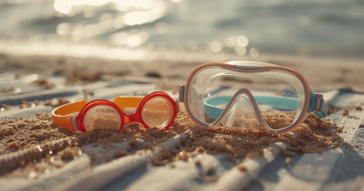 Lunettes de piscine enfant et masque de snorkeling posés sur une serviette de plage, mer en arrière-plan