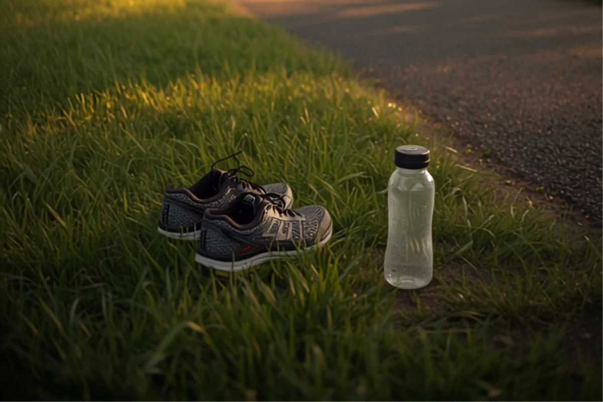 Chaussures de running et bouteille d'eau posées dans l'herbe au bord d'une allée de parc ombragée