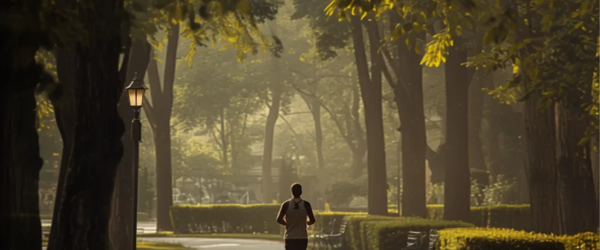 Coureur silhouette dans un parc urbain tôt le matin, allée bordée de bancs et lumière matinale