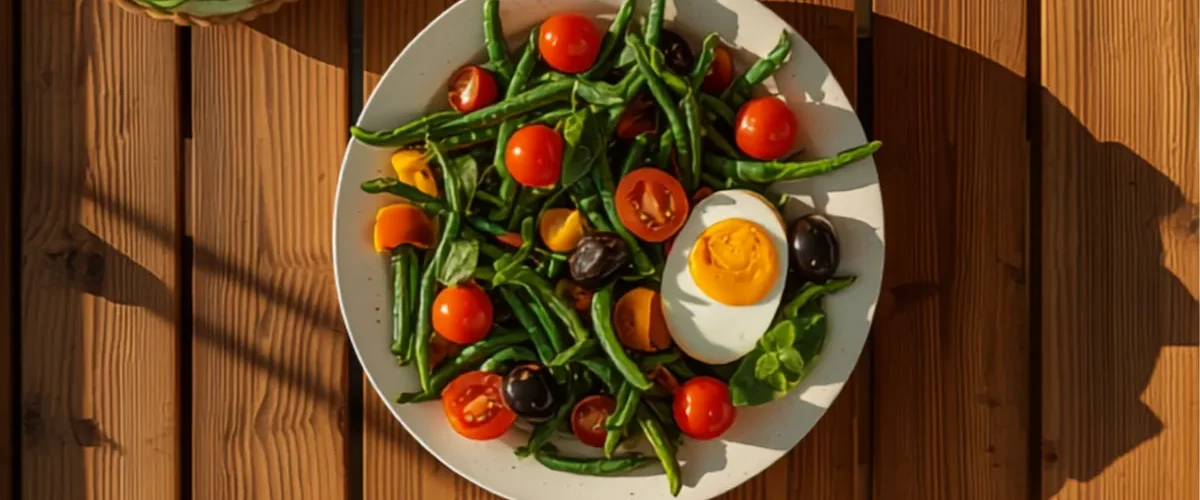 Trois recettes d’été faciles servies sur une table en bois : tarte au concombre, salade niçoise revisitée et salade burrata-pastèque