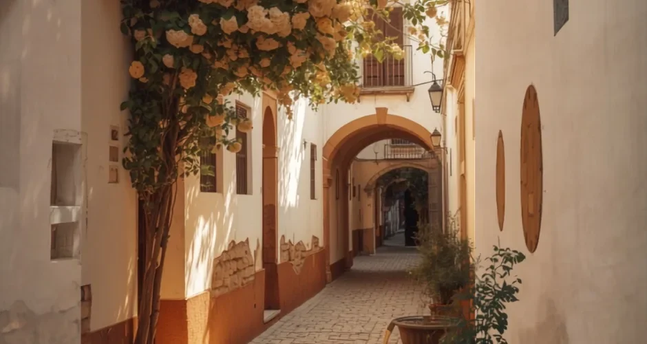 Ruelle ensoleillée du quartier Santa Cruz à Séville — escapade en famille en Andalousie