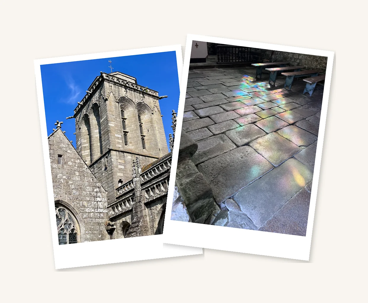 Photos souvenirs de la matinée à Locronan : clocher de l'église Saint-Ronan et reflets de vitraux