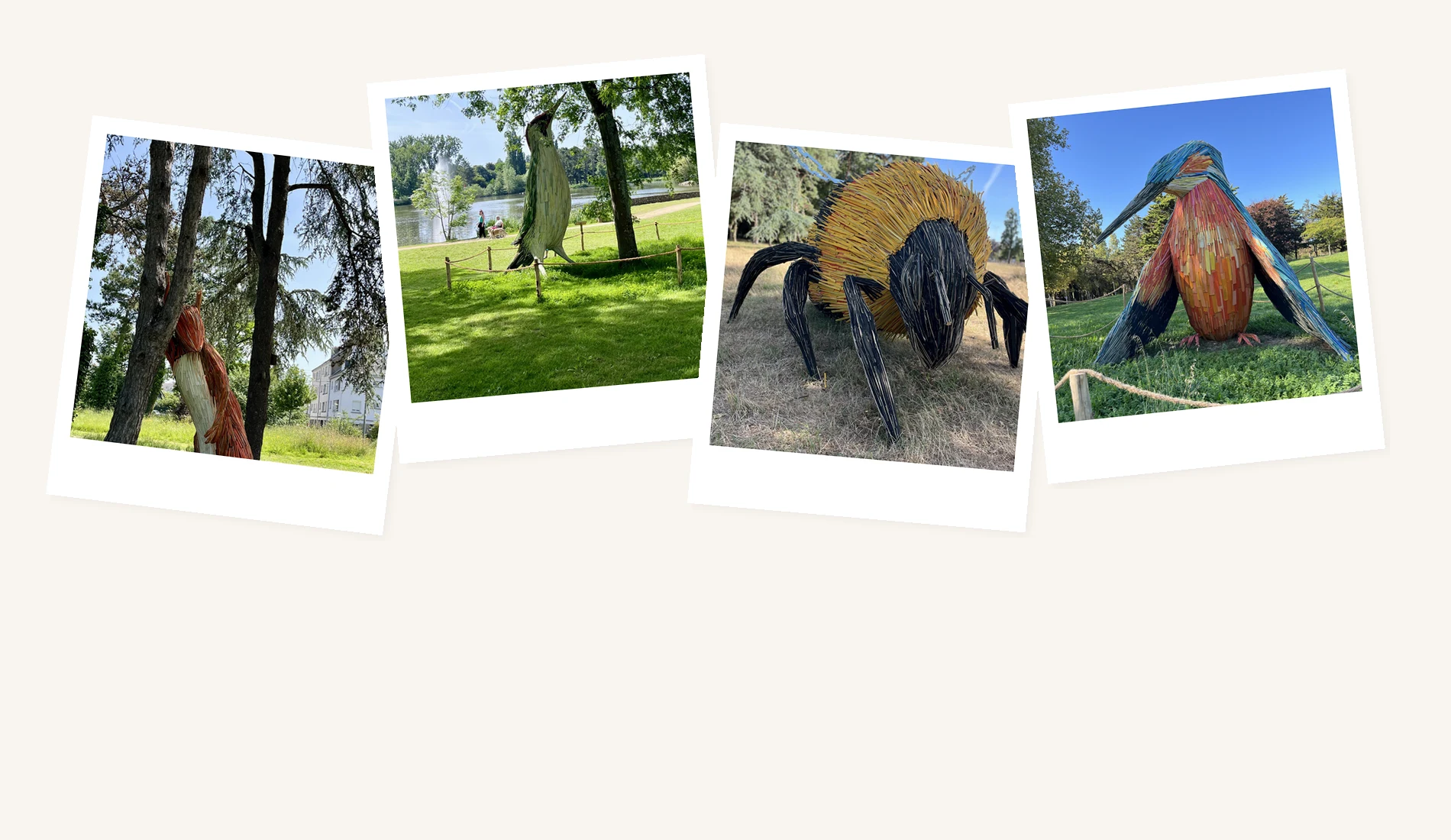 Écureuil, pinson, bourdon et pic-vert, sculptures en bois géantes du collectif Artimuse au parc paysager de Saint-Nazaire