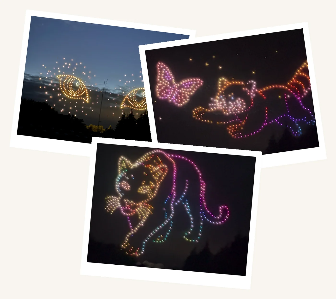 Montage photo du spectacle de drones lumineux (yeux, papillon, panda roux et panthère) lors de notre veillée étoilée aux Terres de Nataé