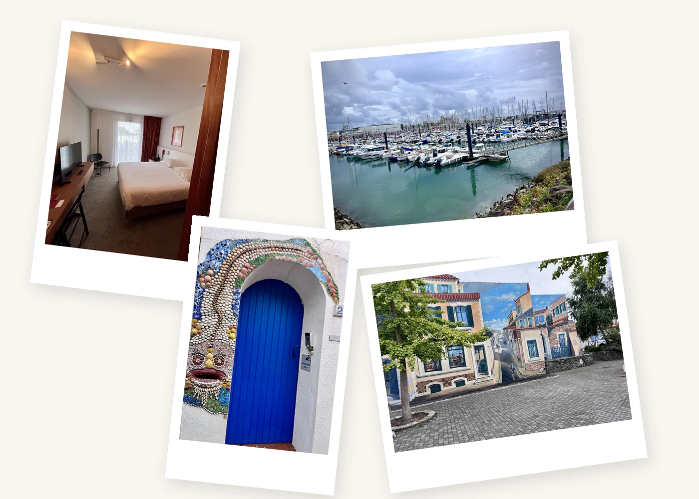 Photos souvenirs du week-end à Vertime : chambre, chenal des Sables-d'Olonne, porte mosaïquée rue de l'Enfer et fresque en trompe-l'œil