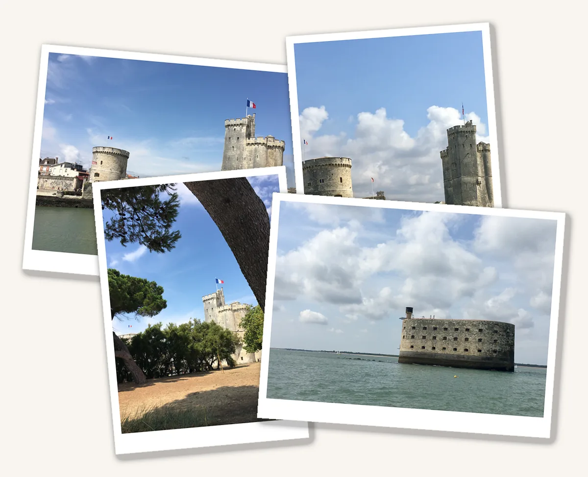 Souvenirs de La Rochelle en famille : les tours du Vieux Port, la tour Saint-Nicolas vue du parc et Fort Boyard au large