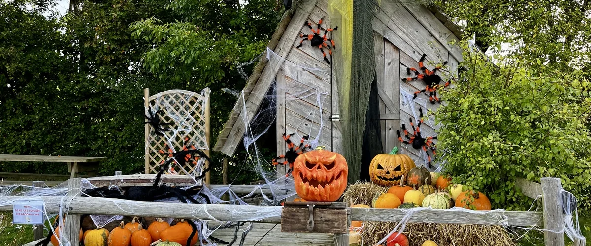 Décor de citrouilles sculptées devant une cabane en bois pour Halloween à Légendia Parc en Loire-Atlantique