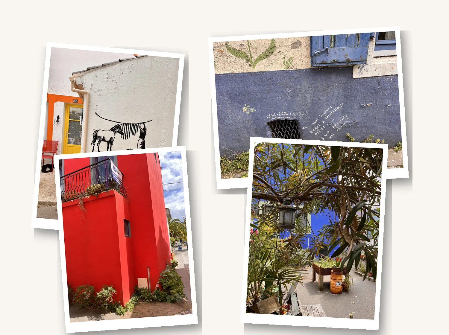 Street art et façades colorées de Trentemoult : zèbre en pochoir, maison rouge, message humoristique peint et jardin fleuri